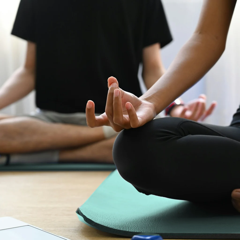 Two people sitting cross-legged on yoga mats and meditating indoors.